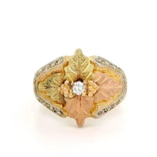 Black Hills 10k Tri Color Gold 0.20ctw Diamond Textured Work Leaf Band Ring