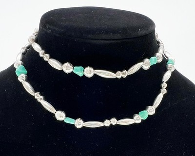 VTG Navajo Handmade Sterling Silver Beads Turquoise Native American Necklace 29''