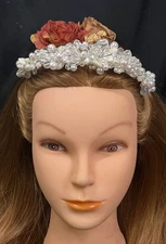 Vtg Starcut Vine Metal Tiara W Crystal Gems,Faux Pearls,&Moonstone Leaves Bride