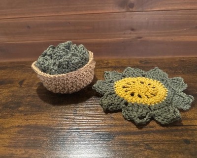 Crochet Succulent Coaster set of 4 with basket made using I Love This Yarn brand