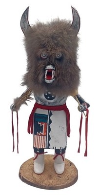 Wolf Fur Kachina Doll Signed H.L. Helen Long?  Navajo Warrior 11.5  Tall Vintage