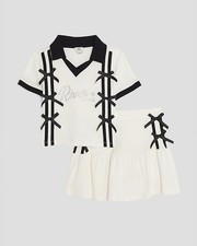 River Island Girls Polo Shirt & Skirt Bow Set 2 Piece Cream Cable Knitted