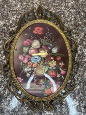 Vintage Oval Ornate Victorian Italian Metal Frame Bubble Convex Glass Beautiful!