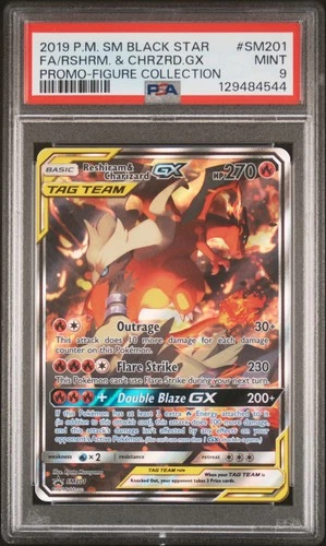 2019 POKEMON SM BLACK STAR PROMO #SM201 FULL ART/RESHIRAM & CHARIZARD GX PSA 9