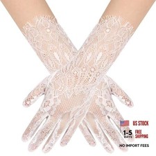 Women's Short Floral Lace Gloves Sheer Tulle Mesh Wrist Length Wedding Ivory