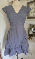 J Crew Faux Wrap Gingham Ruffled Dress Cap Sleeves Blue White Size 2