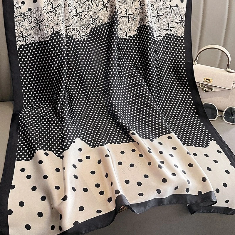 Polka Dot Silk Feel Scarf Black Cream Geometric Print Shawl Wraps & Scarves - Image 3 of 3