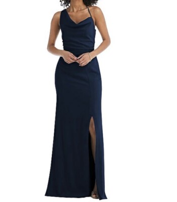 After Six NWT bridesmaid 1 Shoulder Sz 8 Draped Cowl Neck Maxi Midnight Navy