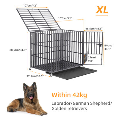 XXL Heavy Duty Pet Dog Cage Strong Metal Crate Kennel Playpen with Wheels &Tray