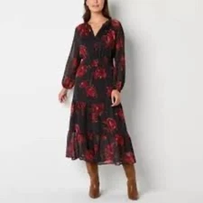 Frye and Co. Floral Midi Dress Long Sleeve Smocked Waist Black Red Medium Riding