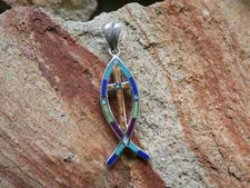 Christian Fish Symbol Cross Sterling Silver 925 Multi Gemstone Opal Pendant P41