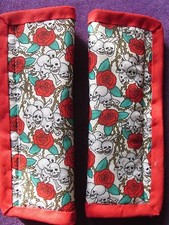 Lightly padded, Sculls & Roses, Car Seat Belt Cover Pads. X2 Red Trim..