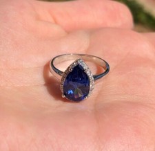 2Ct Pear Lab-Created Blue Sapphire Halo Engagement Ring 14K White Gold Plated