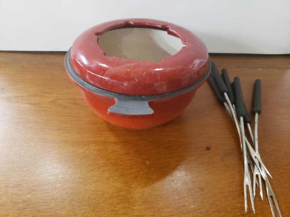 SWISSMAR  Orange Cast Iron Enamel Fondue Pot + 6 forks