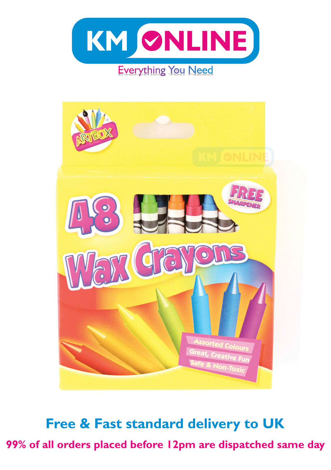 48 Wax Crayons with Free Sharpener Assorted Colours for Art/Gift/Kids/School Fun