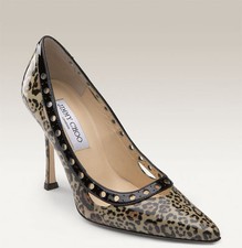 NIB 630 Jimmy Choo ERIN LEOPARD Print Patent Taupe Pump Shoe Heels EUR 36.5