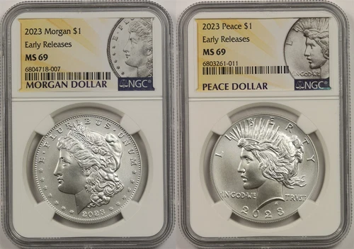 2023 $1 Morgan Peace Silver Dollar 2pc Set NGC MS69 E/R Morgan & Peace Label