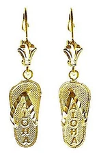 14K Solid Yellow Gold Aloha Slipper/Flip Flop lever back earring. E263-50 New 