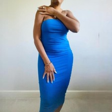 Zara Bright Ink Blue Strapless Draped Midi Dress Size L New with Tags Bloggers