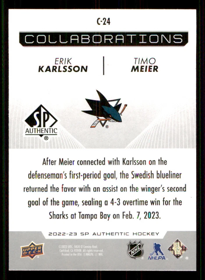 2022-23 SP Authentic Collaborations #C24 Erik Karlsson/Timo Meier - Image 2 of 2