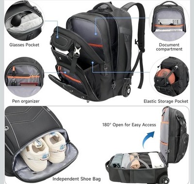 Swicky Ricooi 2-in-1 Large Rolling Backpack 50L Charging Port TSA Lock  Carry On | eBay