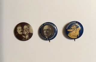 Three Political Campaign Pins Teddy Roosevelt / Alton Parker / Harding