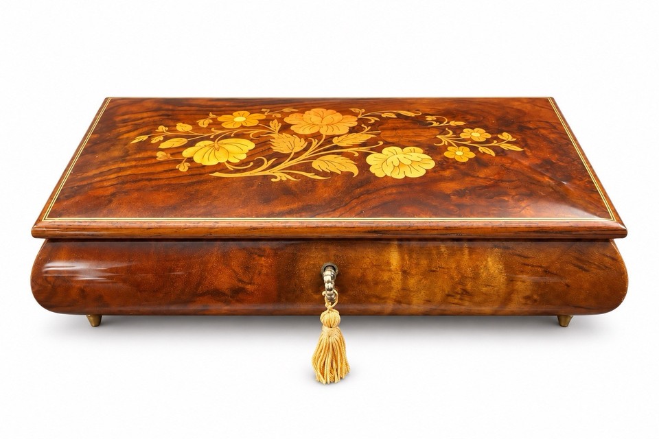 Vintage REUGE Italian Floral Inlaid Wood Music Jewelry Box “Memory”  Italy