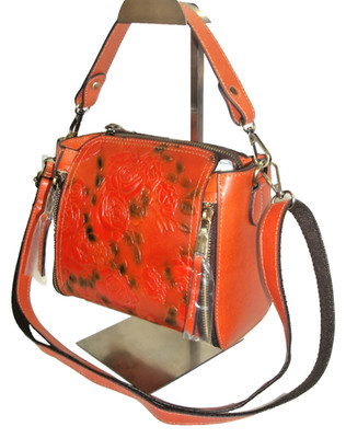 Gorgeous Genuine Red Tooled Leather Floral Design Satchel Shoulder Bag NWOT