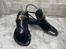 Tory Burch Sandals Women 8M Ali Shoes Black Patent Logo Ankle Strap Thong Flats