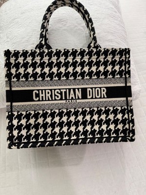 Christian Dior Book Tote Houndstooth Black White Canvas Large Authentic Italy.