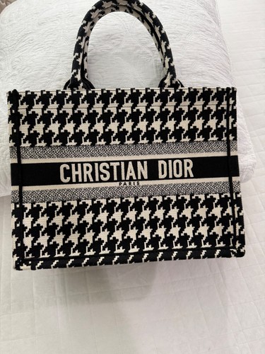 Christian Dior Book Tote Houndstooth Black White Canvas Large Authentic Italy.
