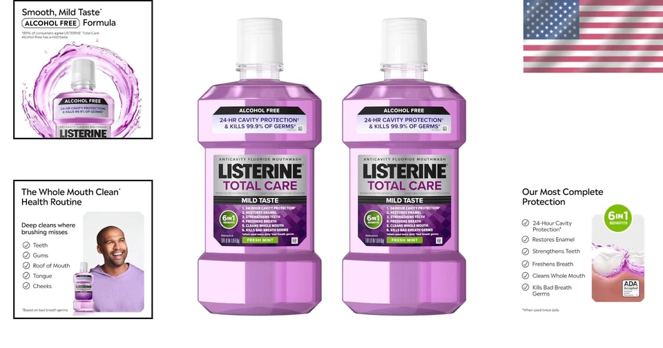 Total Care Alcohol-Free Mouthwash, Fresh Mint, 2 x 1L - 6 Benefits for Dental... - Image 2 of 4