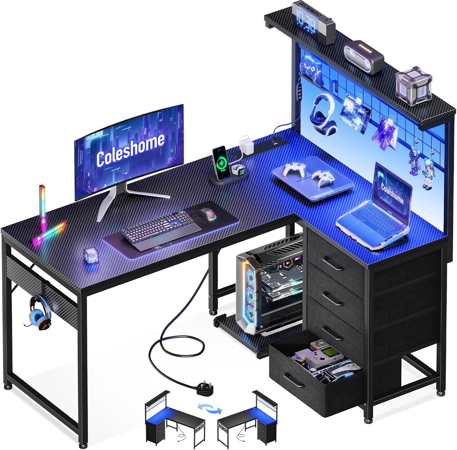 Coleshome L-Shaped Gaming Desk Drawers Shelf