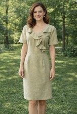 Tahari Levine Dress 12 Short Sleeve Oatmeal Brown Career Church Sheath Ruffle