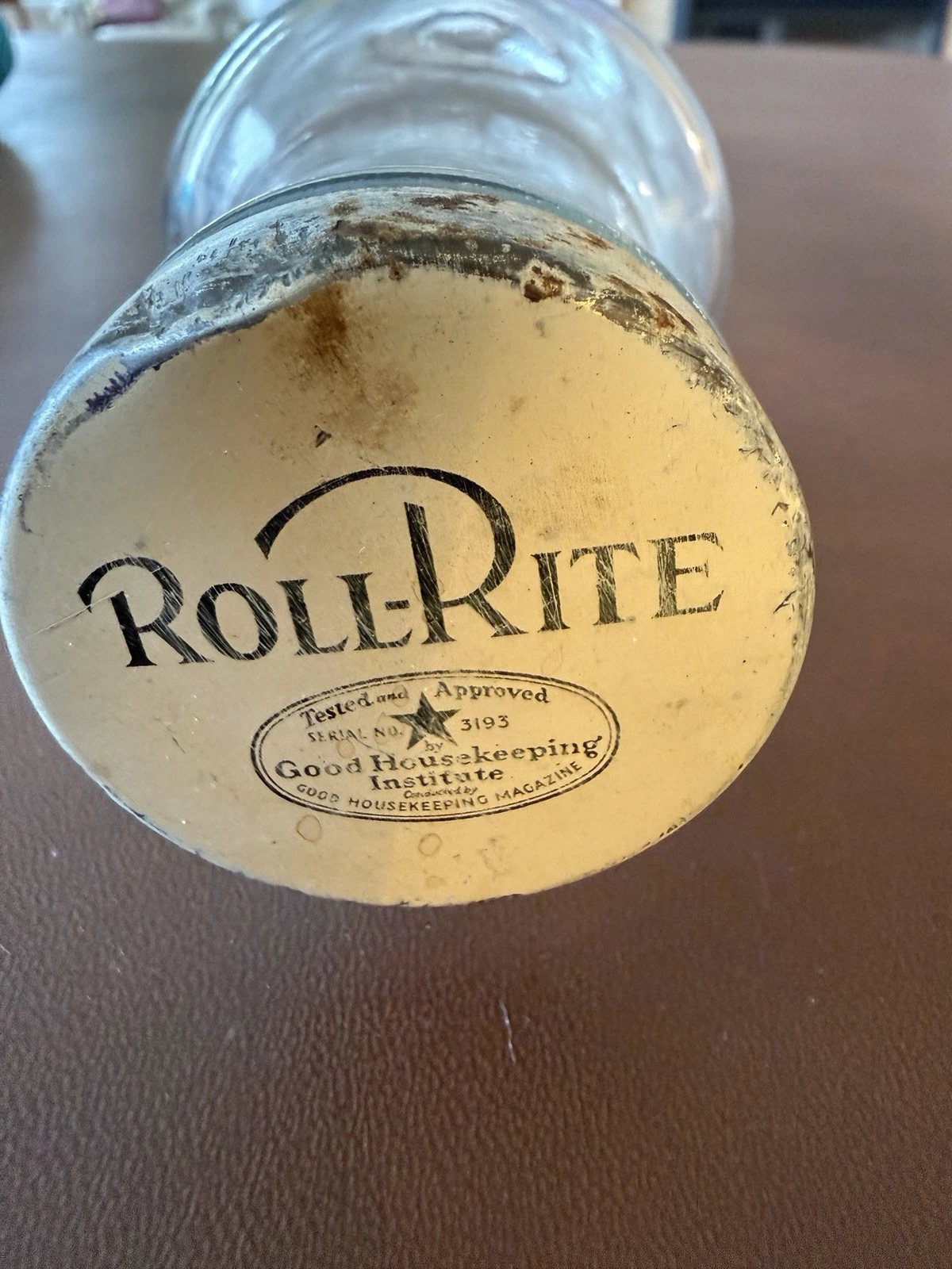 Antique Roll Rite Glass Rolling Pin w/end Cap