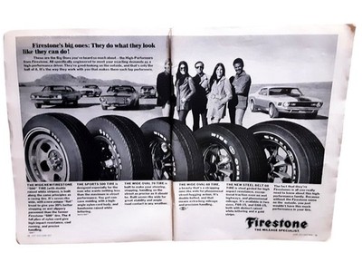 Vintage 1971 Firestone Tires Mustang Camaro Cougar AMX Dodge 2 Page Print Ad