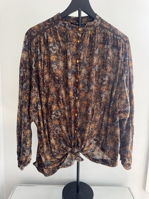 MNG by Mango Boho Blouse Womens M Brown Floral Paisley Tie Front Top