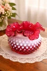 Fenton Cranberry Opalescent Hobnail Rose Bowl Ruffled Vase Art Glass