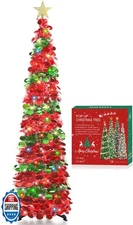 HMASYO 5 FT Pop Up Christmas Tree with Timer Colorful Lights, Green Red Tinse