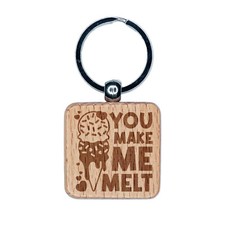 You Make Me Melt Valentine's Day Ice Cream Cone Engraved Wood Square Keychain