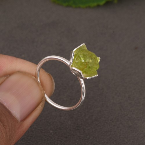 Natural Rough Peridot August Birthstone Sterling Silver Flower Ring Gift For Her - Picture 7 of 10