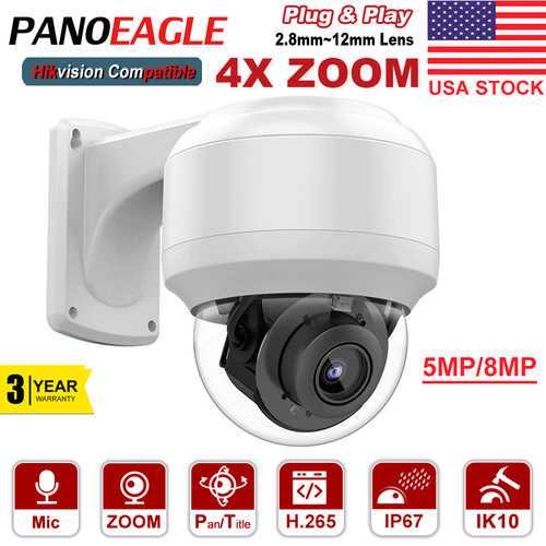 Hikvision Compatible 4K 8MP PTZ Dome Camera - 4x Zoom, POE, IP67, Indoor/Outdoor Security
