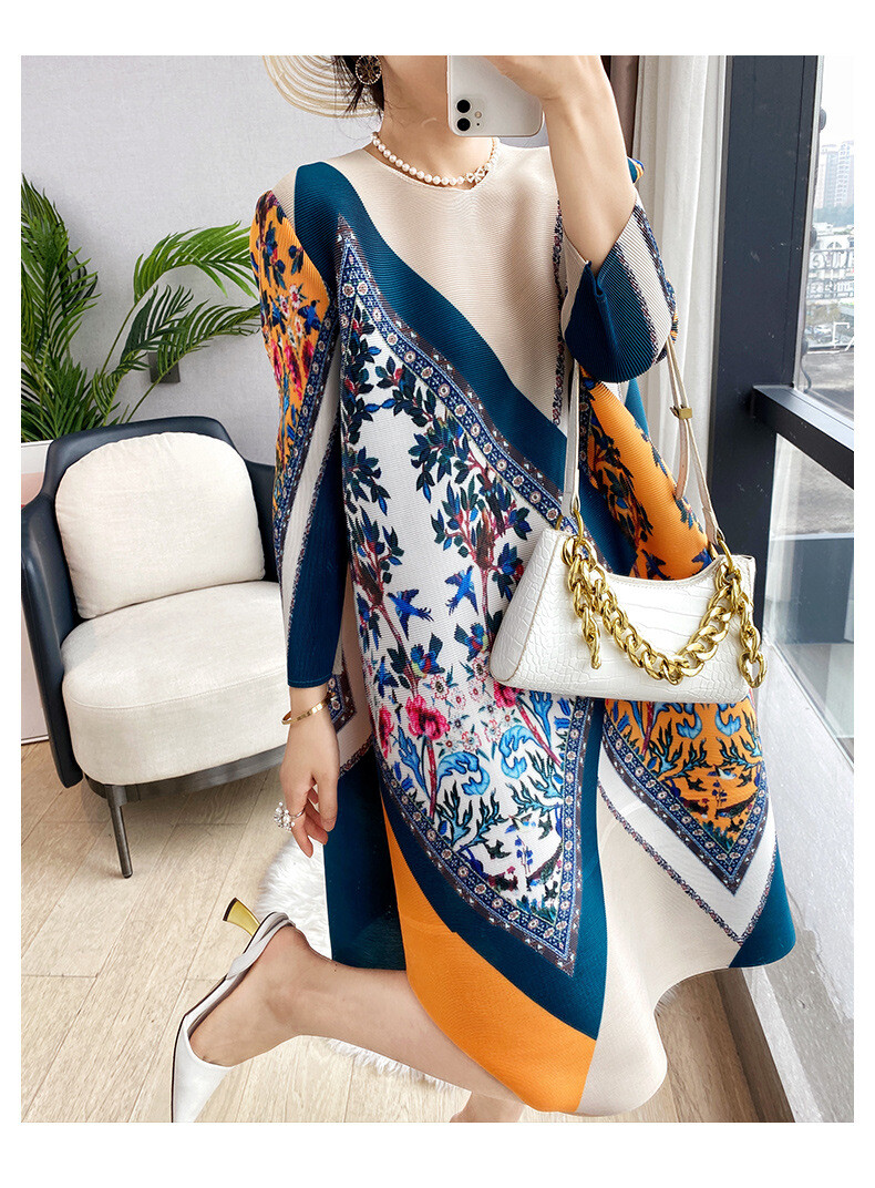 Pleats Please Issey Style Pleated Dress with Geometric Print