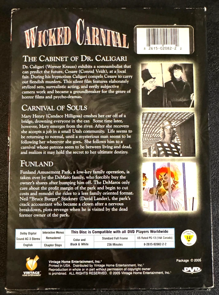 Wicked Carnival (DVD, 2005) - 3 Classic Cult Horror Films - RARE Hologram Cover - Image 2 of 4