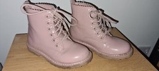 George Asda Girls Size 11 Chunky Pink Patent  Slip On Faux Lace Details Boots 