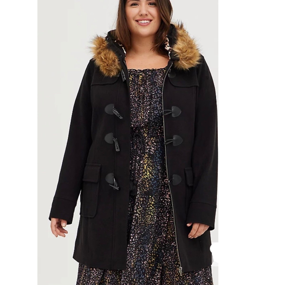 Torrid NWT Toggle Coat with Fur Trim Brushed Ponte Black Size 1X - Main Image