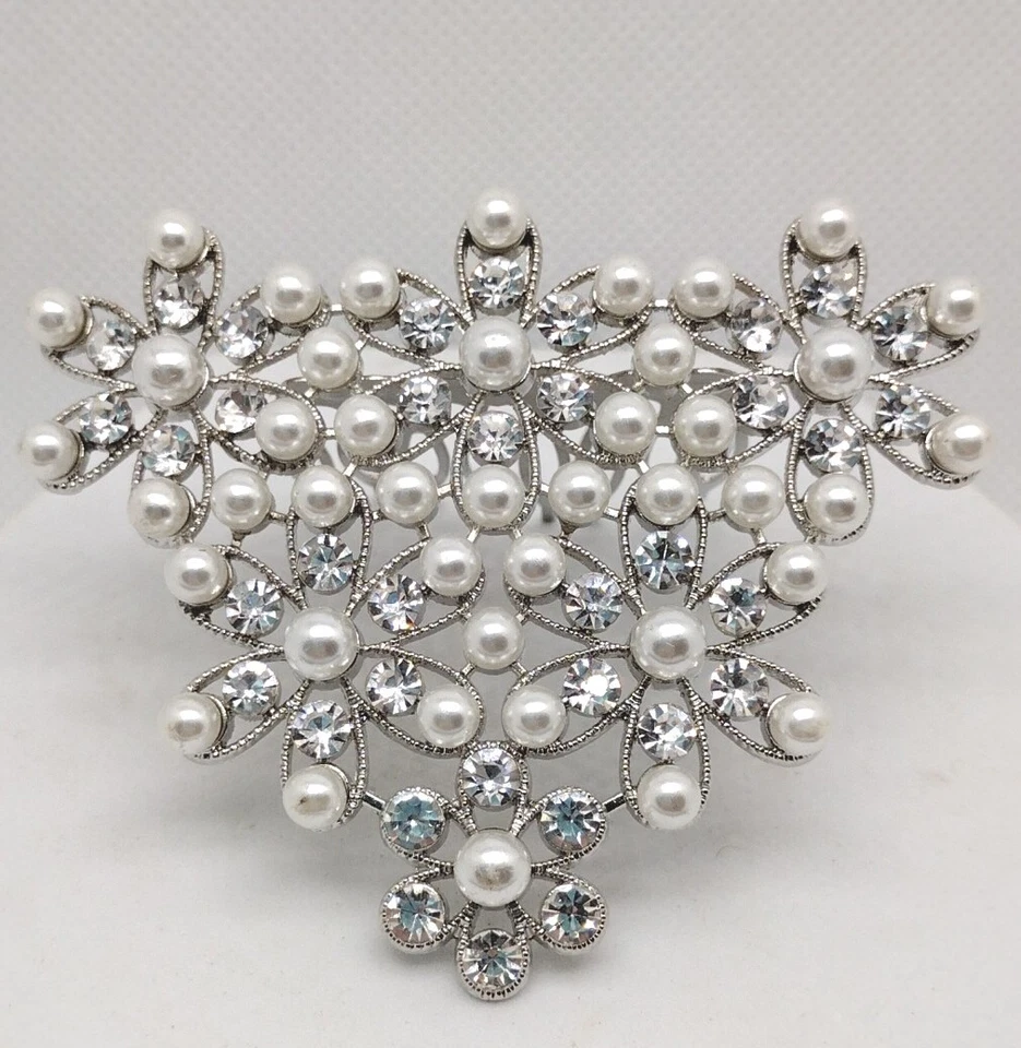 Vintage Silver Toned Flower Burst Faux Pearl Clip Comb Side Swept Wedding Foto 2 de 4