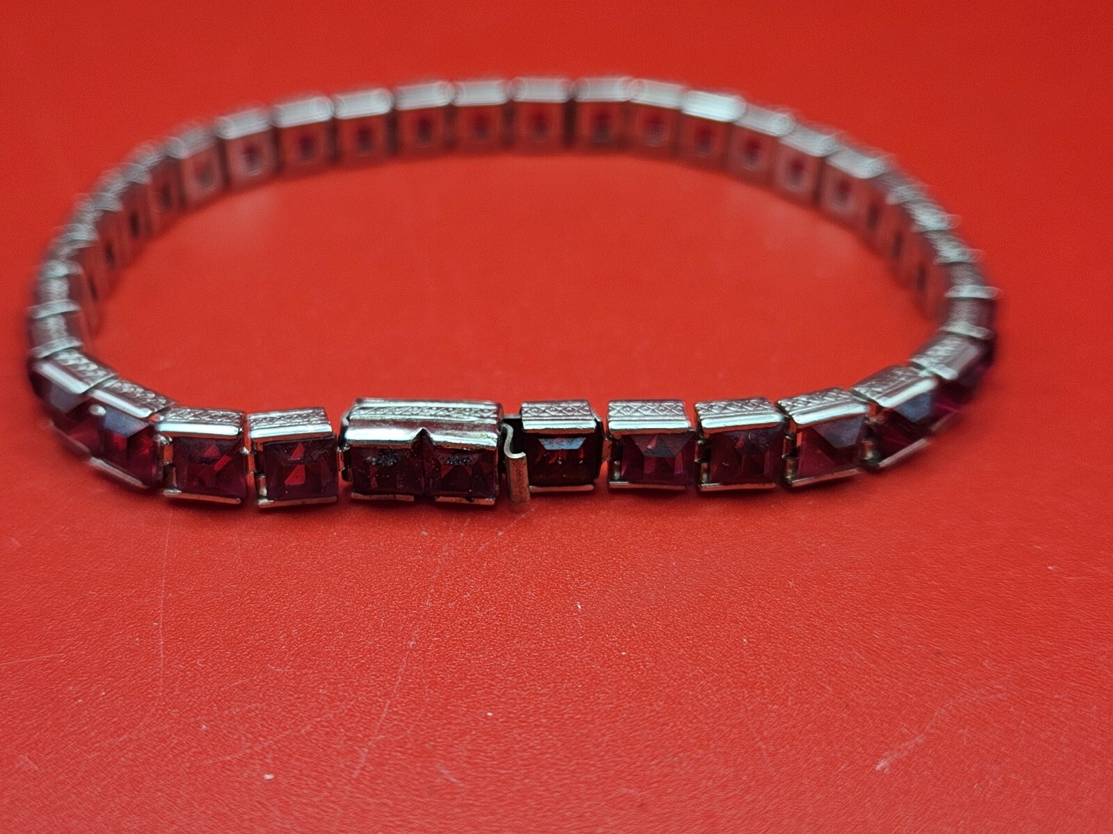 Art Deco Sterling Silver Ruby Red Paste Stone 7" … - image 6