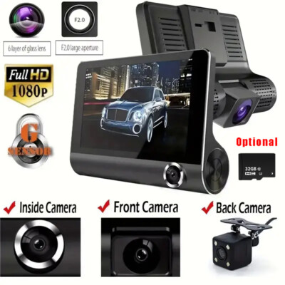 Car Dash Cam HD 1080p 3 Lens Front/Rear/Inside Video Recorder Camera G-sensor