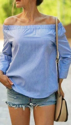 ZARA Off The Shoulder Striped Poplin Top Shirt Blouse Blue White